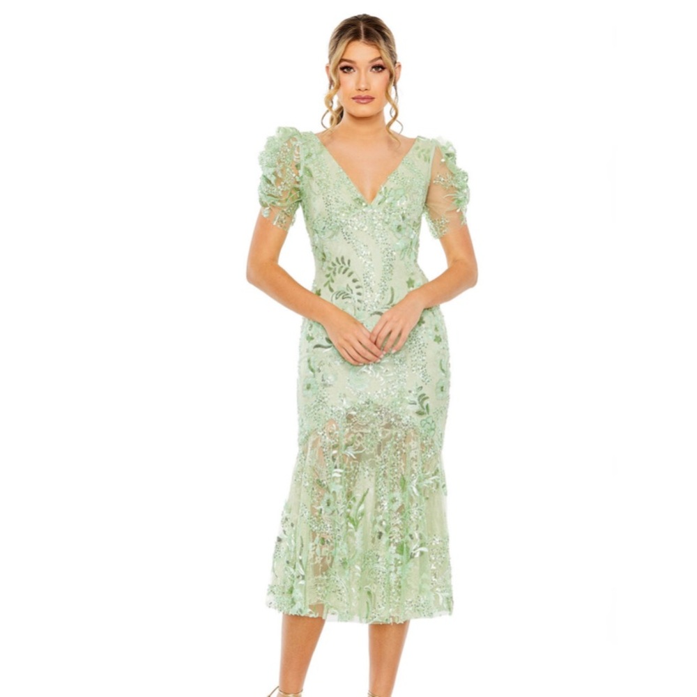 Mac Duggal NEW Mint Green Puff Sleeve Hand Beaded Floral Midi Dress Size 8
